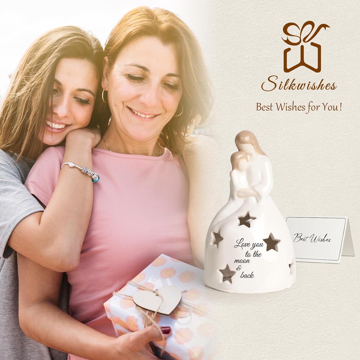 Regine Switzerland | Mother and Daughter Figurine - Heartwarming Candleholder Statue with LED Light