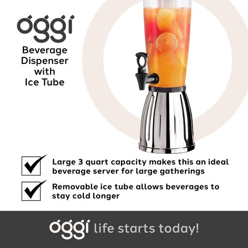 OGGI Beverage Dispenser - 3-quart / 6-Pints, Perfect for Parties, Use as Alcohol, Water, Lemonade Dispenser & More