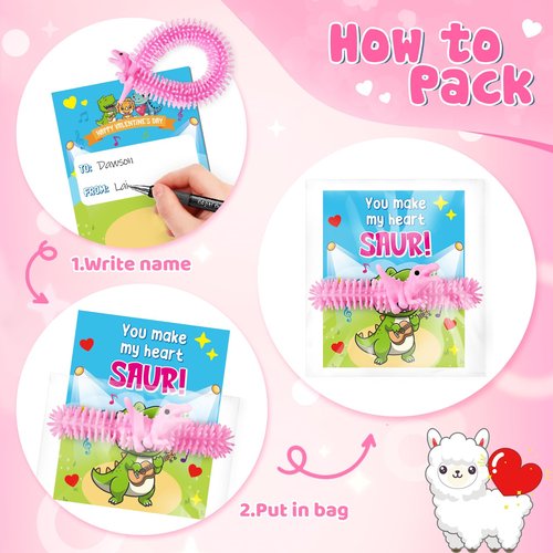 30 Pcs Valentines Day Card for Kids School with Multi-color Stretchy String Toys, Valentines Day Gifts for Kids Classroom, Dinosaur Unicorn Stress Sensory Fidget Toys for Party Favors Prize Exchange