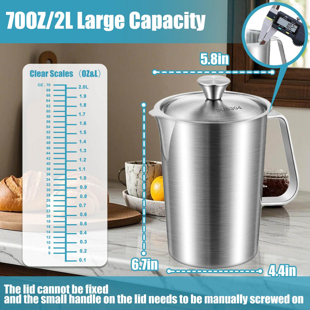 Stainless Steel Pitcher with Lid, 70 oz Metal Measuring Cup with Marking with Handle, 2 L Large Mouth Graduated Beakers, Milk Frothing Jug for Espresso Machines, Latte Art, Iced Tea, Hot/Cold Water