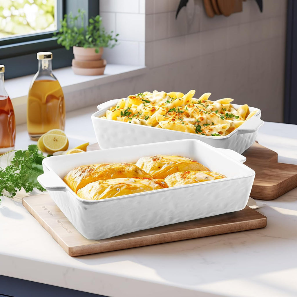 Regine Switzerland Casserole Dishes - Ceramic Baking Pan Set of 3 | Deep Lasagna Dish with Handles (11.6" x 7.8", White)