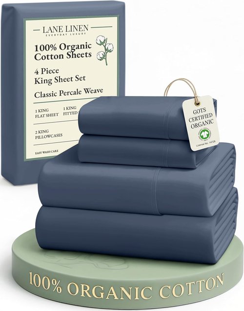 **LANE LINEN 100% Organic Cotton King Size Sheets - Soft Percale, Breathable Luxury, 15" Deep Pocket - Estate Blue**