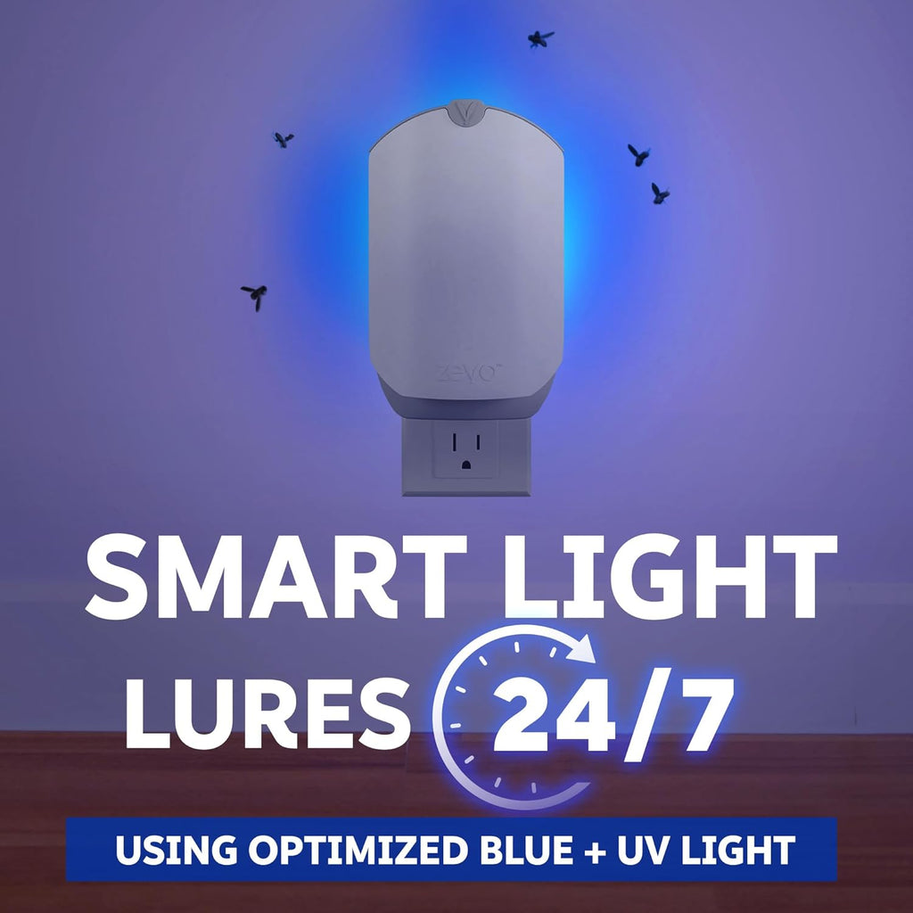 Zevo Flying Insect Trap & Cartridge - Plug in Fly Trap & Indoor Bug Catcher for Gnats, House & Fruit Flies - Mess-Free - Use in Any Room - Uses Blue & UV Light (1 Plug in Device & 1 Cartridge)