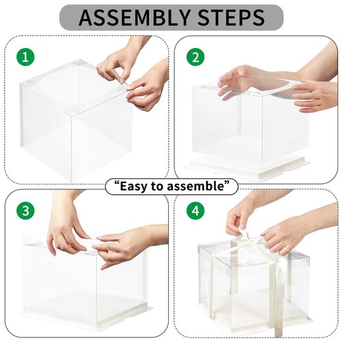 24 Pcs Clear Gift Box with Ribbon 3-Layer 10x10x12 Inch, Transparent Cake Carrier Box with Lids, PET Tall Cake Packaging Boxes, Clear Gift Boxes for Birthday,Wedding and Festival Party