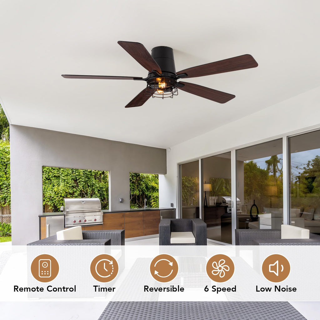 SPACORA 52 Inch Ceiling Fans with Lights, Farmhouse Ceiling Fan with Lights and Remote, Noiseless DC Motor, Black Flush Mount Ceiling Fan for Bedroom Living Room Indoor