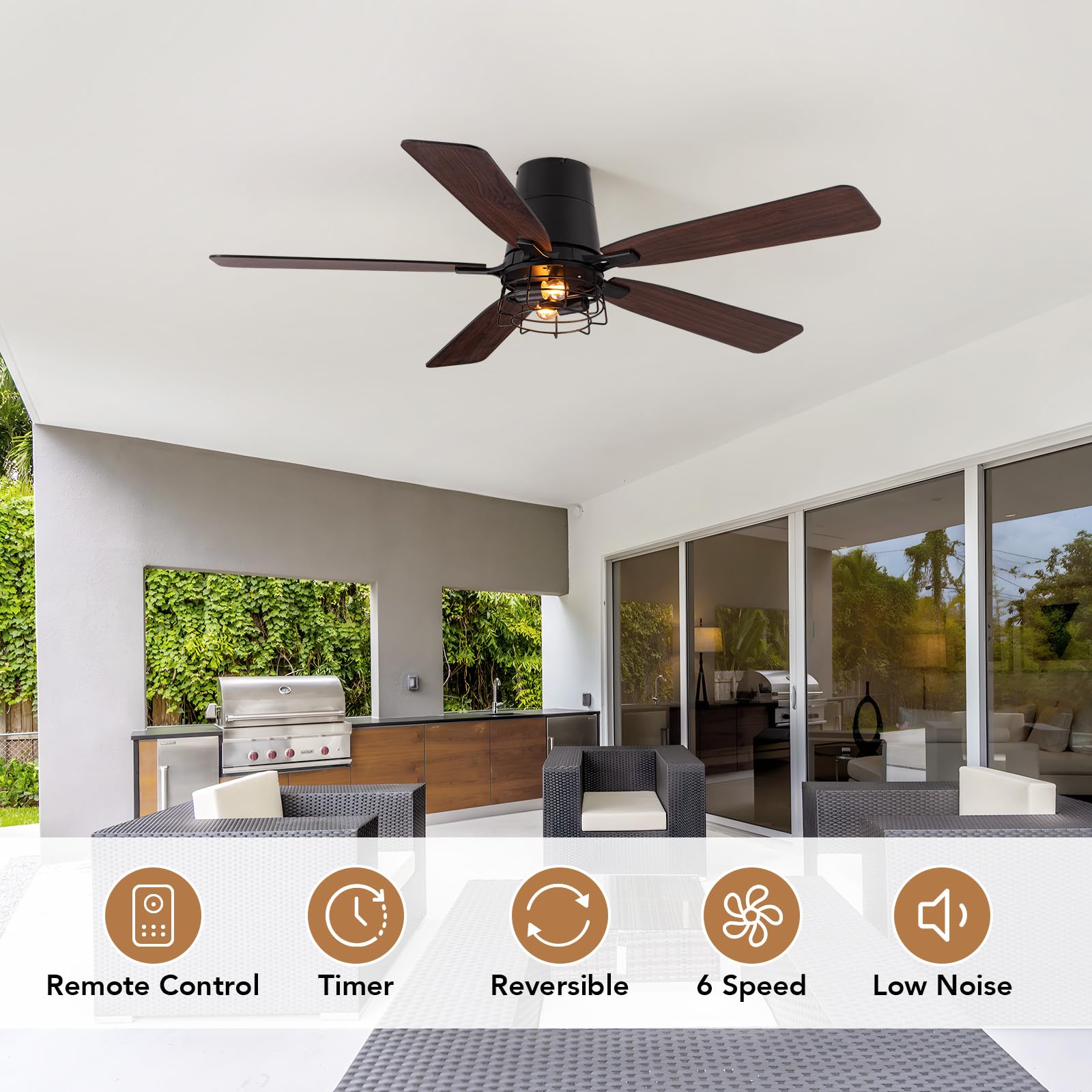 SPACORA 52 Inch Ceiling Fans with Lights, Farmhouse Ceiling Fan with Lights and Remote, Noiseless DC Motor, Black Flush Mount Ceiling Fan for Bedroom Living Room Indoor