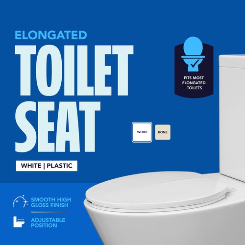 HIGHCRAFT Premium Elongated Toilet Seat with Adjustable Hinges - Molded Plastic Toilet Seat - Fits Standard Elongated Toilets - Oval Seat in White