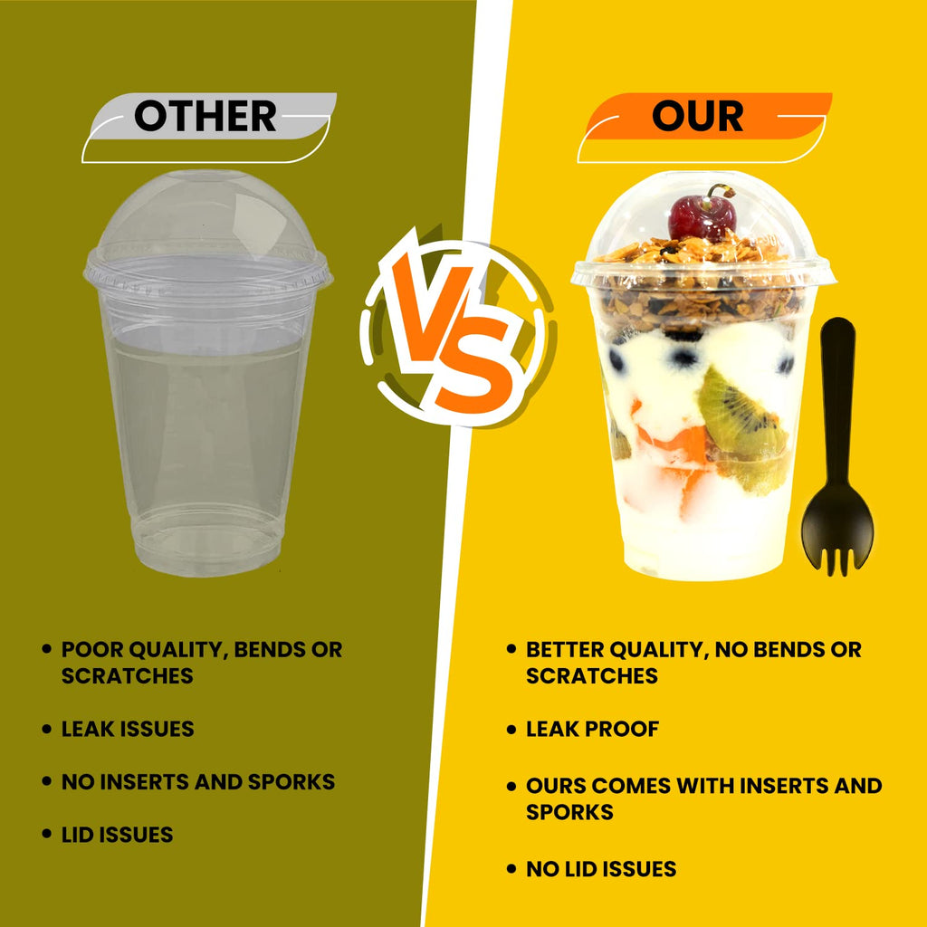 Parfait Cups - 9 Oz - 50 Set - Reusable Dessert Cups With Flat Lids & Inserts - Crystal Clear Plastic - Spill and Leak Proof