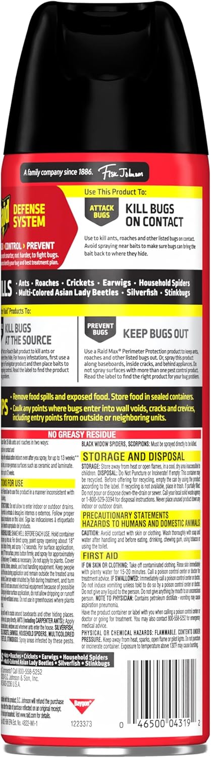 Raid Ant & Roach Bug Spray - Water-Based Insecticide Kills On Contact | 17.5 oz, No Greasy Residue