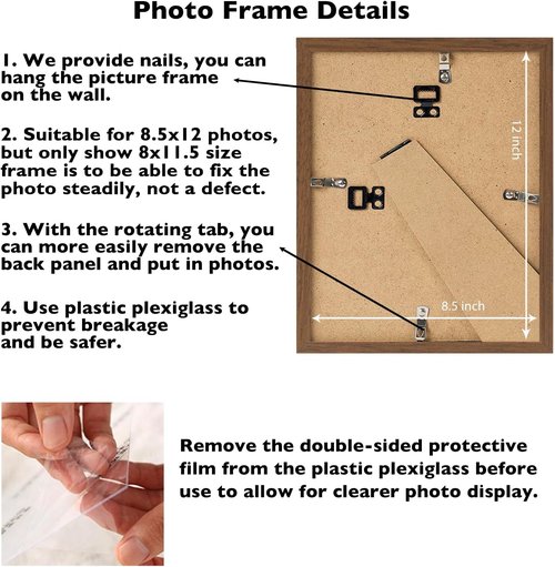 JCJMY 8.5x12 Picture Frame - Brown Wall Hanging & Tabletop Display | Shatter-Resistant Plexiglass