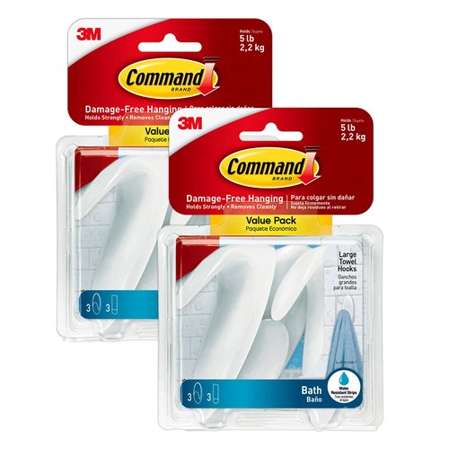 Command Bath Large Towel Hook Value Pack, Total 6 Large Wall Hooks with 6 Water Resistant Strips, 2-Pack of 3 Hooks, Organize Damage-Free