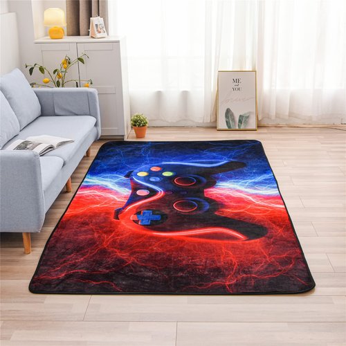 Meeting Story Gamer Gaming Area Rug Tie Dye Lightnings Gamepad Rug Games Console Action Buttons Print Carpet Indoor Floor Sofa Rugs for Kids Bedroom Living Room Game Room Decor(Red-Blue,5×8 Feet)