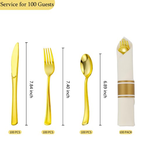 ISFANGCO 100 Pack Pre Rolled Gold Plastic Silverware Set with Napkins,Disposable Wrapped Heavy Duty Cutlery Set for Wedding Birthday Party-100 Forks,Knives,Spoons,Utensils Set,Plasticware Bulk