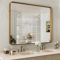 LOAAO Bathroom Mirror - 40x24 Inch Rounded Rectangle with Wood Grain Metal Frame | Anti-Rust, Versatile Hanging Options