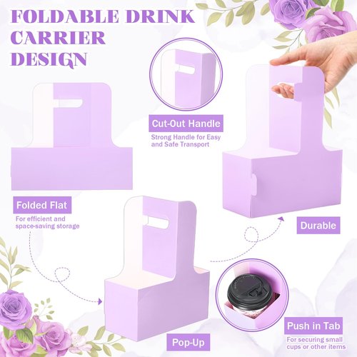Reallnaive 10 Pack 2 Cup Disposable Drink Carrier for Delivery with Handle Paperboard Coffee Carrier for Hot Cold Drinks Take Out Cup Carriers for Food Delivery (Purple)
