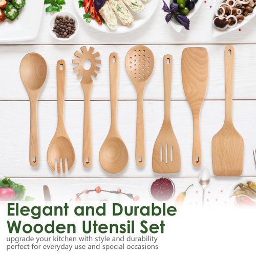 HOWHONG Wooden Spoons for Cooking, Beech Wood Kitchen Utensil Set, Premium Handmade Wooden Cooking Utensils for Nonstick Cookware, Heat Resistant, Smooth Finish, Comfortable Grip, 8 Piece