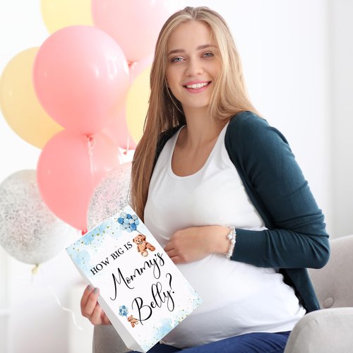 Sabary 64 Pcs Baby Shower Games Include How Big is Mommy's Belly Sign Measure Bump Game 50 Cards 10 Pencils 3 Measuring Tapes for Baby Shower Gender Reveal Party Supplies(Blue Bear)