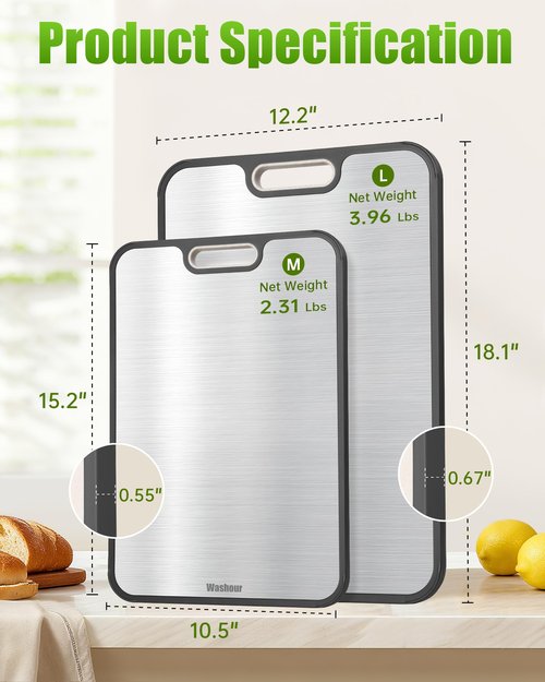 Washour Titanium Cutting Boards for Kitchen, Non Toxic 2-in-1 Cutting Board Double Sided, Food Grade Chopping Boards Set for Fresh Meat Vegetable, Easy to Clean Large Size (18”+16”)