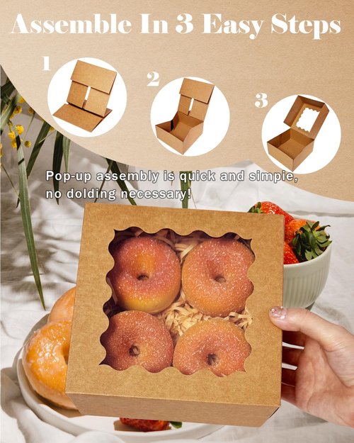 qiqee Auto-pop up 6x6x3 Inch Brown Cookie Box with Window 30Pcs Pastry Macaron Bakery Box For Packaging