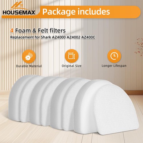 HOUSEMAX AZ4002 Filters for Shark Powerdetect Upright Vacuum Cleaner AZ4000 AZ4002 AZ4000C, 4 Foam & 4 Felt Replacement Filters Compare to Part #XFFKAZ4000