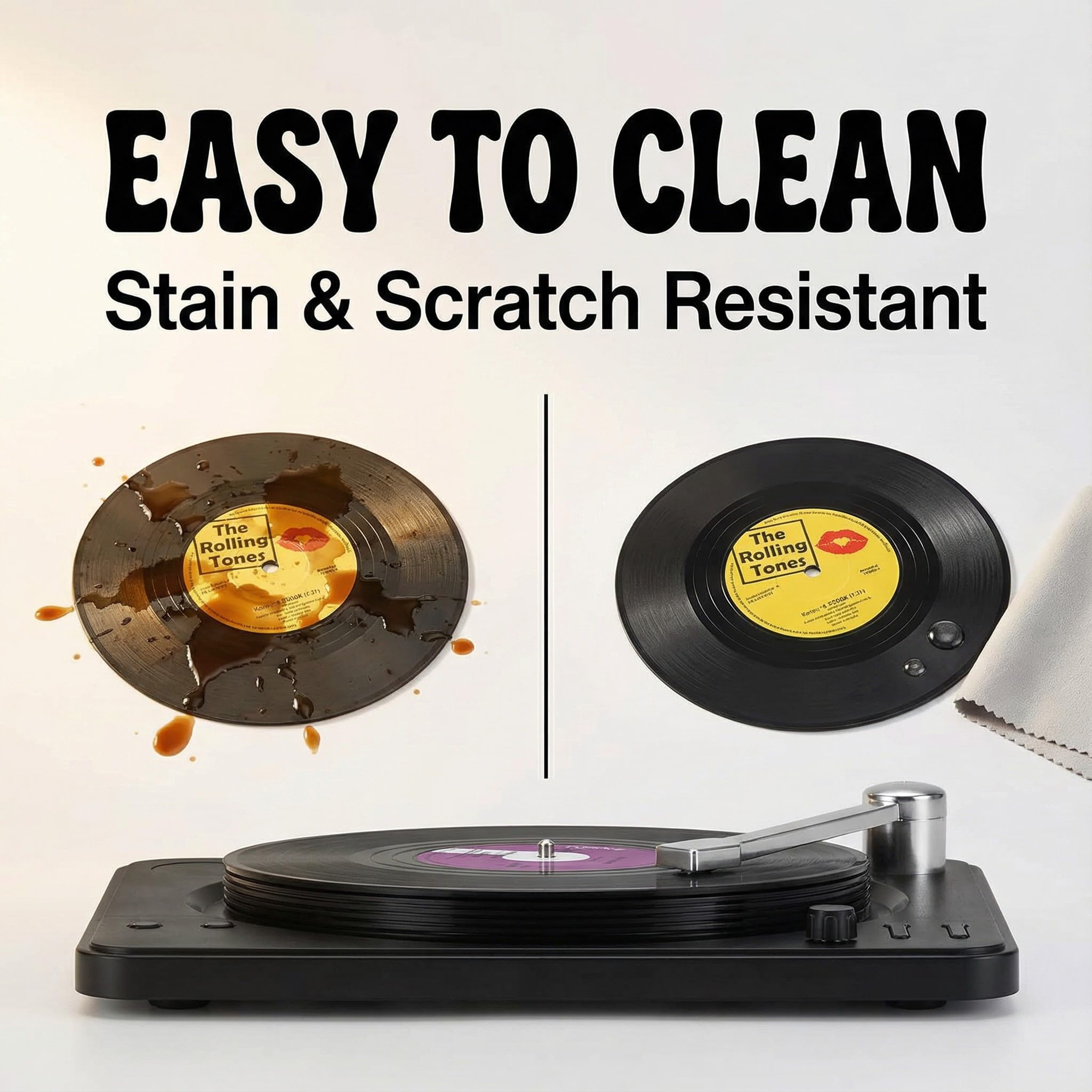 MECOWON Vinyl Record Coasters with Record Player Holder - 6Packs, Cool Coasters for Music Lovers, Great for Housewarmings, Parties, or Any Music Enthusiast in Your Life.