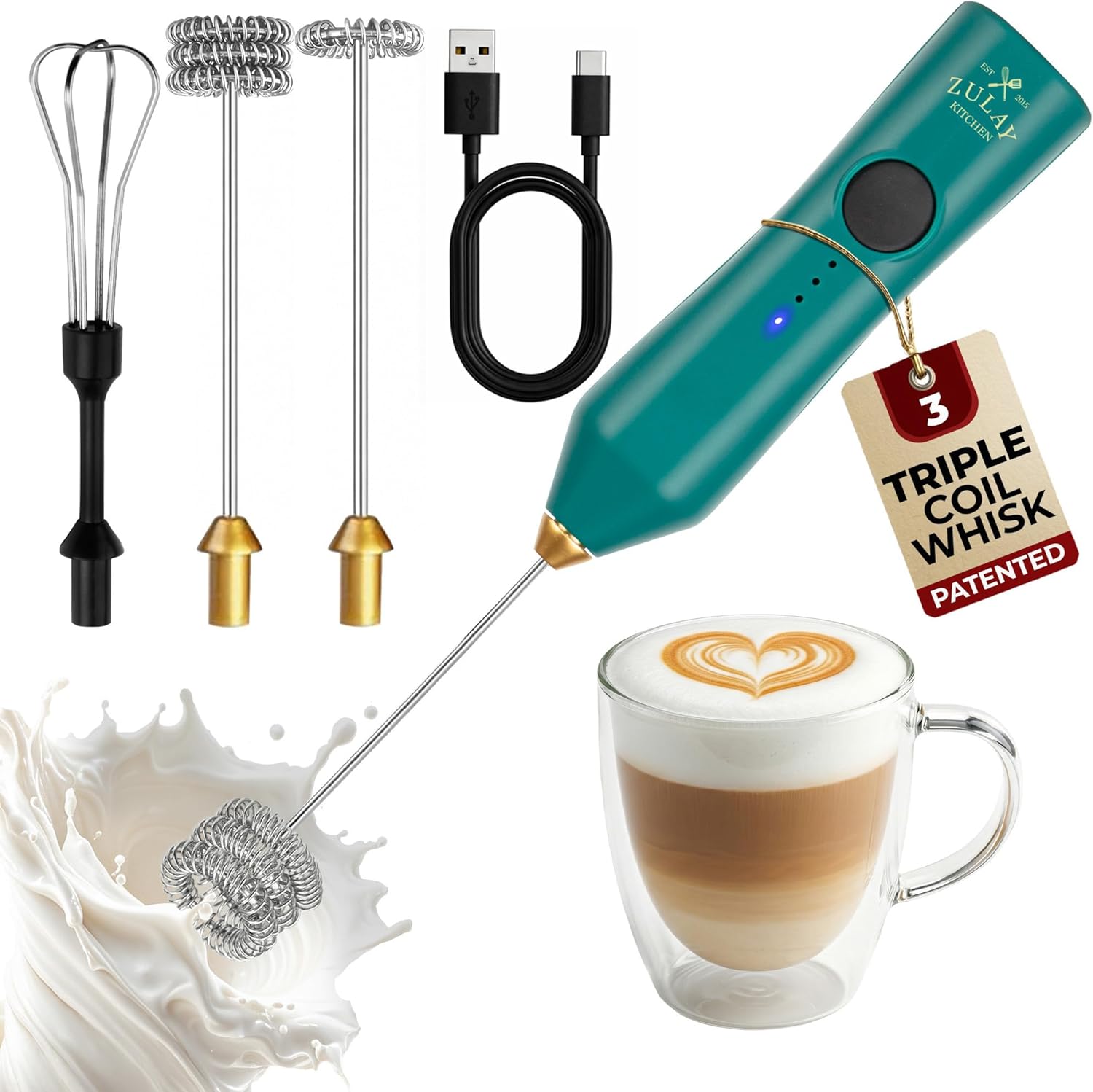 Zulay Kitchen Rechargeable Milk Frother - 3 Speeds & 3 Whisk Attachments - USB Charging for Latte & Cappuccino - Green Gold