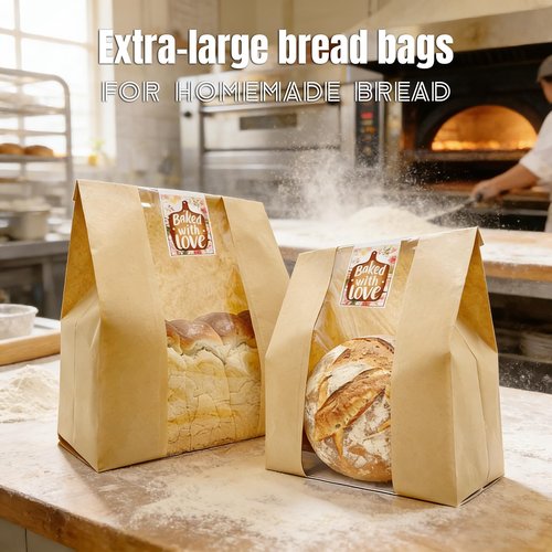 BIUBIU 16x10x5 inch Extra Large Paper Bread Bags for Homemade Bread with Window & Sticker for XL Sourdough Bread, Supersized Bread Loaf, Baked Goods, Packaging for Gifting-Brown Kraft 50Pcs