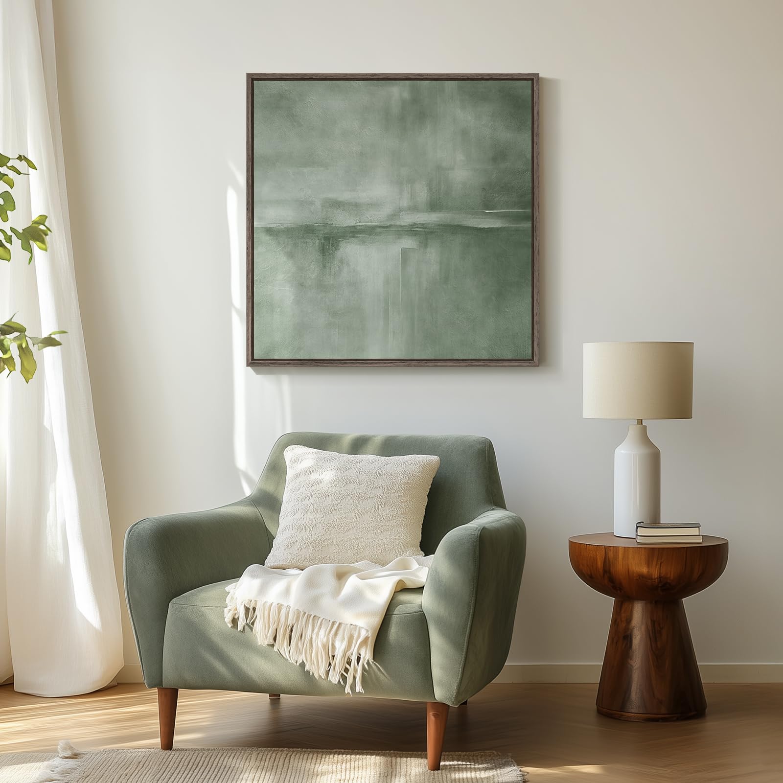 Framed Sage Green Abstract Wall Art, Modern Canvas Prints Artwork for Walls, Square Minimalist All Green Abstract Pictures for Living Room, Hallway, Fireplace, Bedroom, Home Office Wall Decor 30x30 In