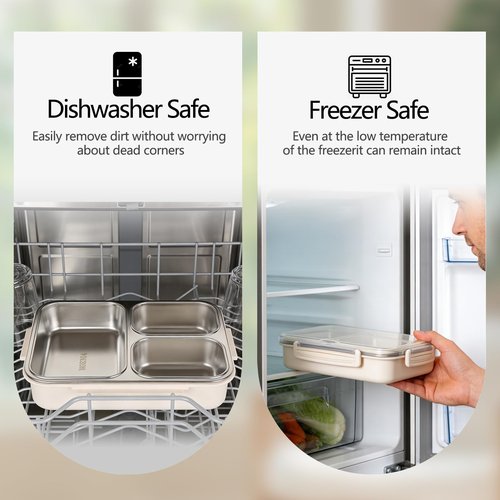 PTYTIFY Stainless Steel Bento Box, 3 Compartments Leakproof Stainless Steel Snack Containers, 25 oz Premium 304 Metal Lunch Box for Adults, BPA-Free, Dishwasher Safe (Beige)