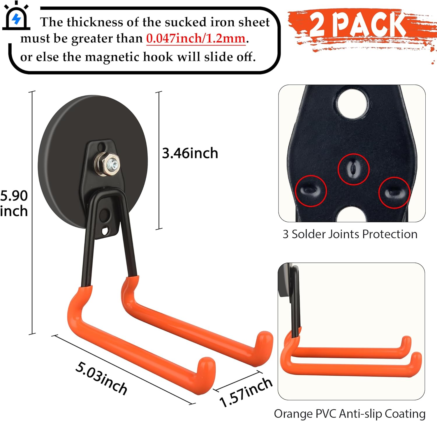 ULIBERMAGNET Heavy Duty Magnetic Hooks - Strong 3.46 Inch Hooks for Cables, Tools & More | 2 Pack (Orange)