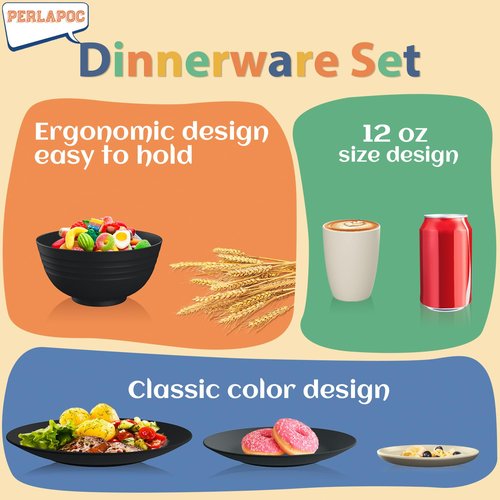 Perlapoc 40 PCS Wheat Straw Dinnerware Set | Service for 8 Plastic Dishes Set Unbreakable Plates and Bowls Sets, Drinking Glasses, Dishwasher and Microwave Safe Dish Set for KItchen - Gray Stone