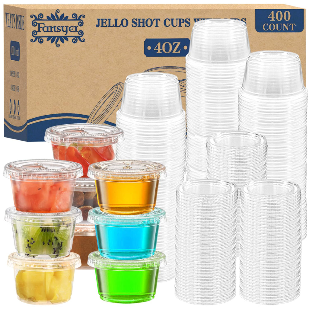 Fansyer 400 sets - 4 oz Portion Cups with Lids, Jello Shot Cups with Lids, Bulk ＆ Clear Sauce Cups for Meal Prep, Disposable Small Plastic Containers for Salad Dressing, Condiment, Snacks