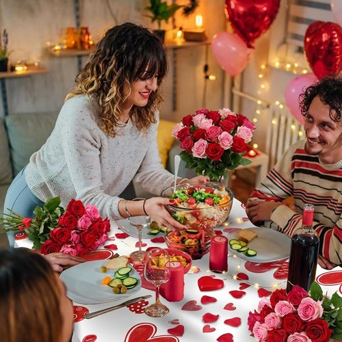 Ohkishly 3Pcs Valentines Tablecloth 54x108 Inch，Plastic Red Love Heart Table Cloth Valentines Tables Cloth,Disposable Plastic Tablecloth for Valentine Decorations,Table Cover for Party Decor