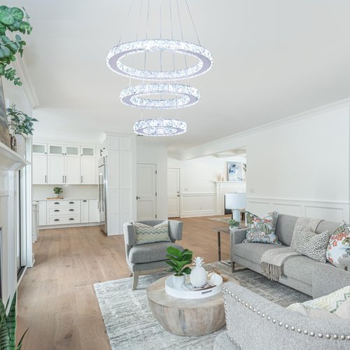 xychfantligh Modern Dimmable LED Chandelier 3 Rings Crystal Chandelier with Remote Stainless Steel Adjustable Pendant Light for Living Dining Room Bedroom