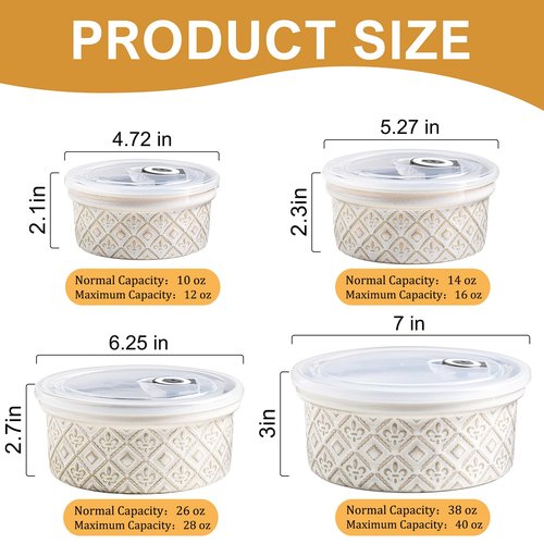 MISSYSSIM Airtight Food Storage Containers with Lids Mixing Bowls Set, Ceramic Serving Bowls with Lids Set of 4, 12/16/28/40 oz Stackable Nesting Salad Bowls for Cooking, Baking, Ramen - Beige