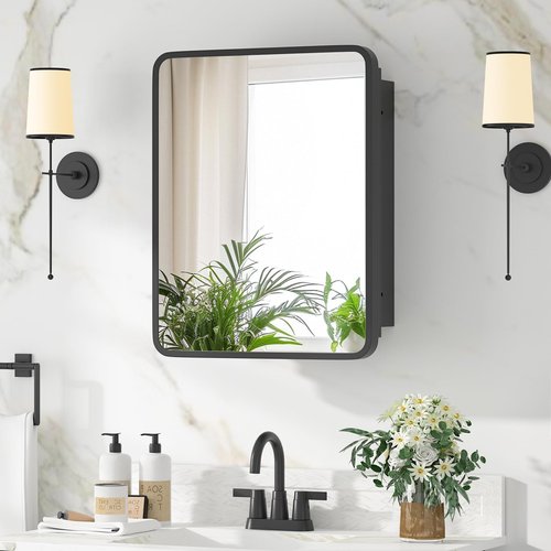 YTSMIR Medicine Cabinet with Mirror, 14x18 Inch Black Bathroom Mirrored Cabinet, Metal Framed Wall Cabinet with Beveled Mirror, Modern Surface Mount or Recessed Medicine Cabinet with Storage