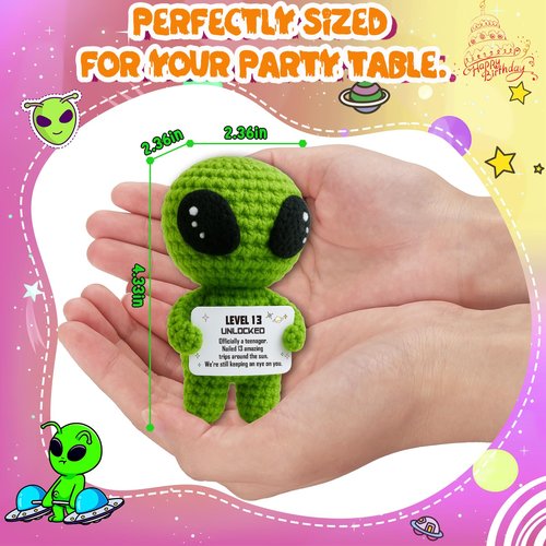 Happy 13th Birthday Milestone Keepsake – Handmade Crochet Alien Plush Doll with Funny Official Teenager Positive Affirmation Message Card – 13 Years Old Gift for Son, Daughter, Friend, or Grandchild