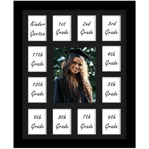 DUENPY 12x16 School Year Picture Frame K-12 Displays One 5x7 Photo and Twelve 2.5x3.5 Pictures Graduation Photo Collage Wall Hanging Collage School Picture Frame Black