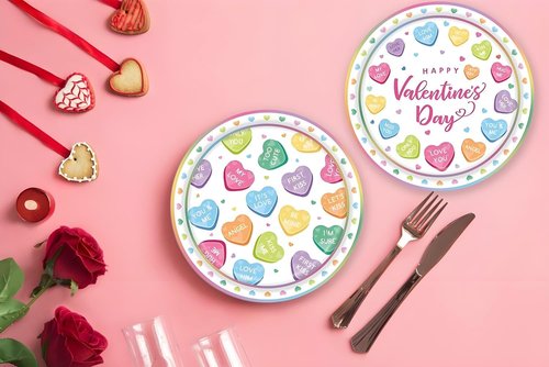 50 Pcs Valentines Day Paper Plates Party Supplies Colorful Conversation Heart Love Paper Plates 7 inch Disposable Cake Dessert Plates Tableware Set for Valentine's Day Anniversary Party Table Decor