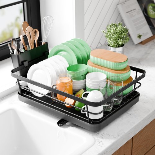 Kitsure Dish Drying Rack - Compact Dish Rack with Utensil Holder & Adjustable Water Outlet, Rust-Proof & Scratch-Resistant Drying Rack for Kitchen, 14.5" x 12.0" x 4.0", Black
