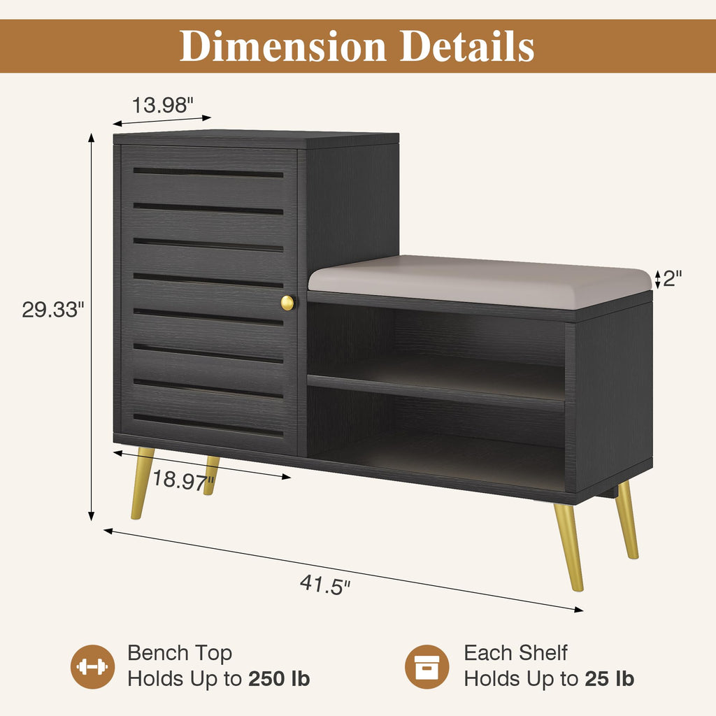 VECELO Shoe Storage Bench with Door&Shelf, Entryway Bench with Seat Cushion, for Hallway, Bedroom, Living Room, L-Shaped, Black