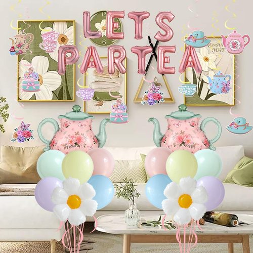 Tea Party Decorations 26Pcs Macaron Balloons with LETS PARTEA Foil Balloon Banner, Teacups andTeapot Hanging Swirls for Floral Spring Birthday Mother's Day Talking Tables Tea Party Supplies