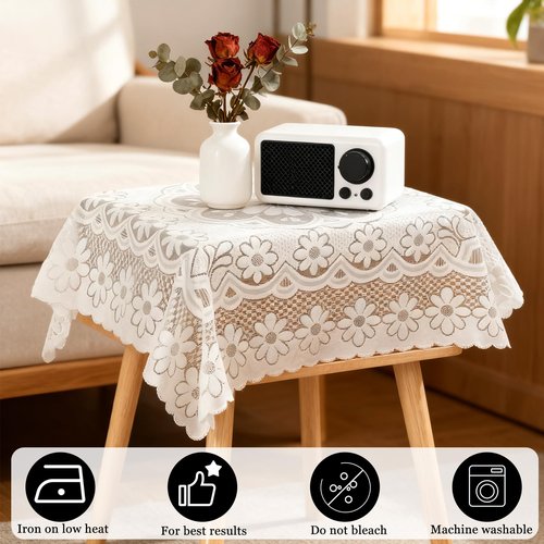 Zelphvt Small Square Lace Tablecloth 35''×35'' White Lace Tablecloth Crochet Laces Table Cloth Vintage Embroidered Side Table Cover for Round Coffee Tables Wedding Rectangle Tables Decor