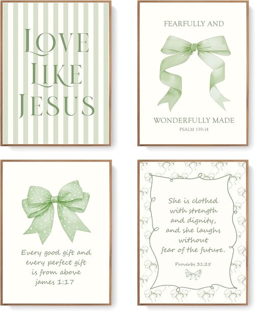 LARTSFRO Coquette Wall Art Decor - Sage Green Bow Posters | Inspirational Bible Verses | 12x16 Inch Set of 4 (Unframed)