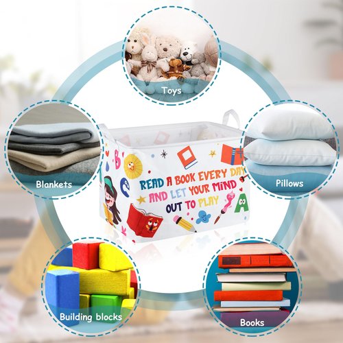 Domensi 4 Pcs Back to School Collapsible Book Bins Reading Book Basket 15.7 x 11.8 x 11.8 Inches Cartoon Kids Books Bin Storage for Classroom Library Nursery Room Rectangle Storage Bin Bedroom Toy