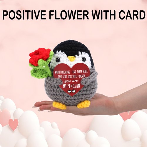 Easter Basket Stuffers,Positive Crochet Animals Penguin with Rose Flowers for Valentines Day Gifts,Easter Gifts for Women,Men,Mom,Wife, Girlfriend,Boyfriend, Husband,Teens