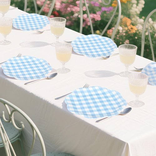 Houuqe 400 Pcs Gingham Party Supplies for 50 Guests Blue and White Scalloped Paper Plates and Napkins Knives Spoons Forks Cups Disposable Checkered Dinner Party Set for BBQ Baby Shower Wedding