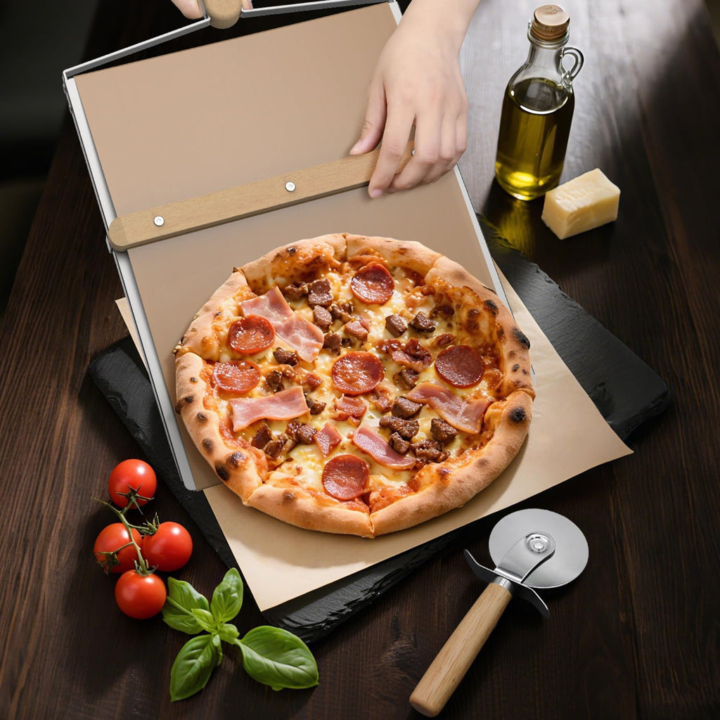 Sliding Pizza Peel, Pizza Slider Paddle with Pizza Cutter Rocker, Non-Stick Pizza Peel Slider with Handle Detachable Transfers pizza shovel, 12" Stainless Steel Sliding Pizza Peels with Baking cloth