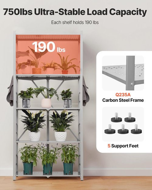 VEVOR 5-Tier Foldable Storage Shelf, 32W x 14D x 72H Inch Folding Metal Rack Shelving Unit, Heavy Duty No Assembly Organizer Shelf with 5 Wheels & 4 Hooks for Pantry, Kitchen, Garage, Basement, Grey