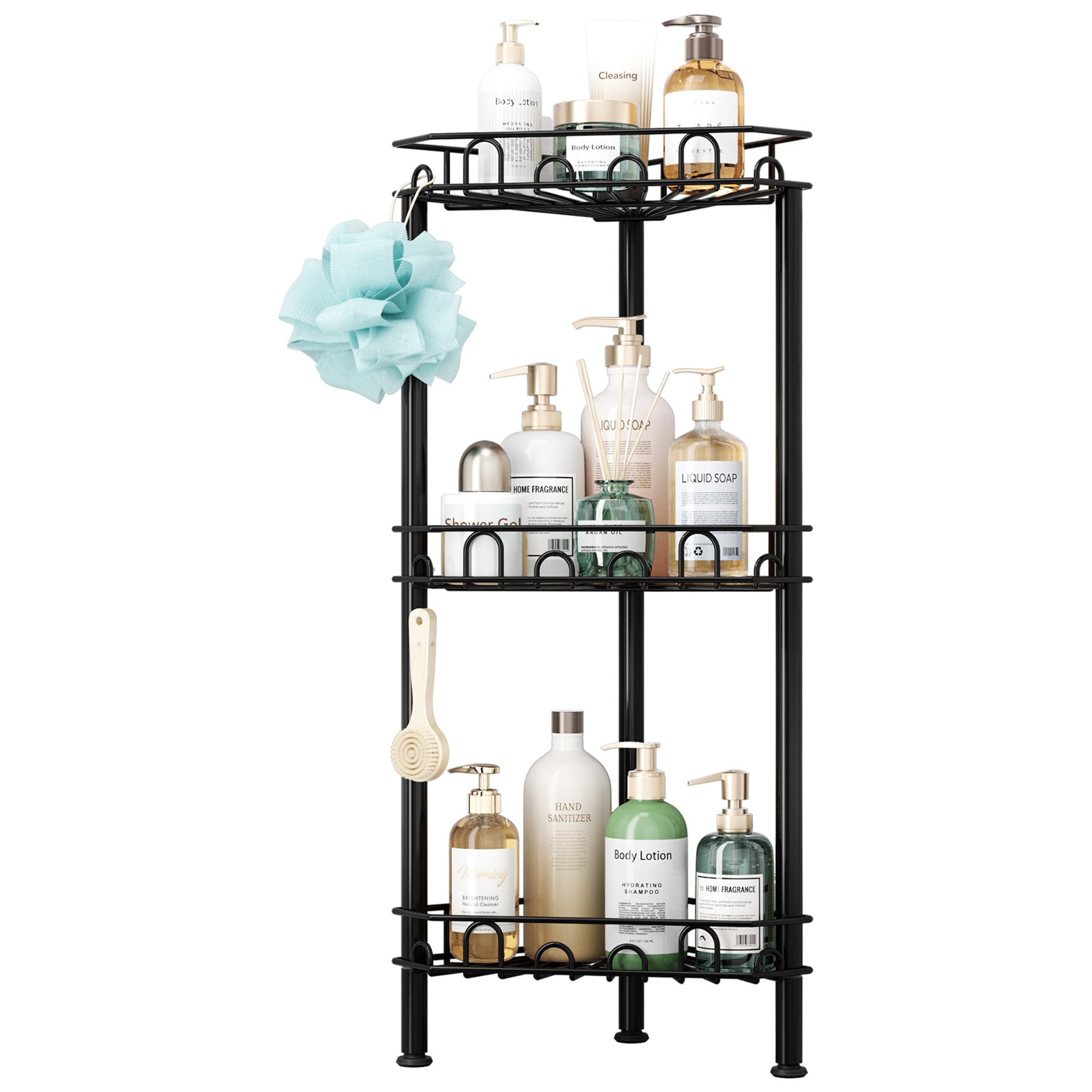 SWTYMIKI Standing Shower Caddy Corner - 3‑Tier Stainless Steel Shower Organizer Shelf with 12 Hooks and Adhesive Pads, Rustproof Corner Shelves Stand Rack for Bathroom Shower Room, Black